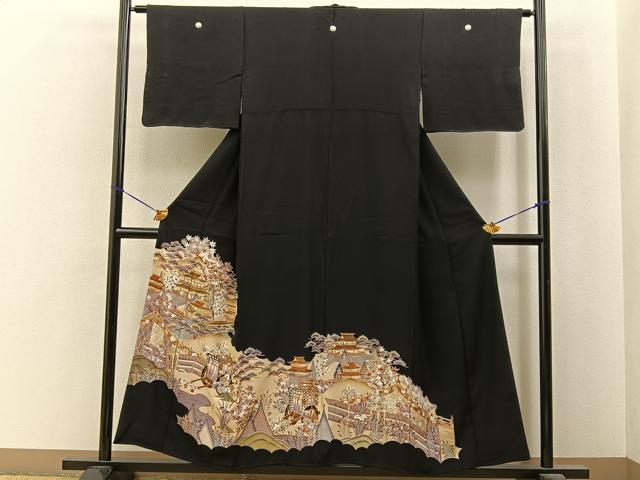 平和屋着物■豪華黒留袖　駒刺繍　風景花文　金彩　正絹　逸品　BAAY6861hj