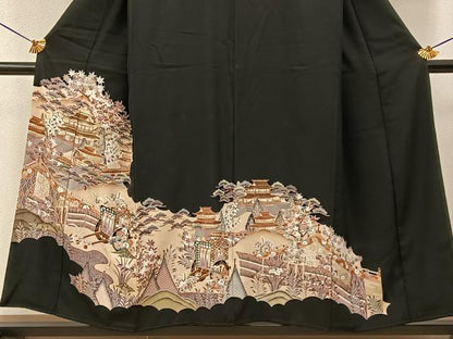 平和屋着物■豪華黒留袖　駒刺繍　風景花文　金彩　正絹　逸品　BAAY6861hj