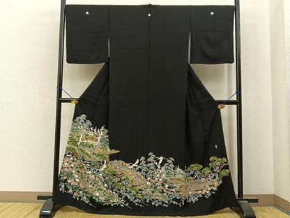 平和屋着物■豪華黒留袖　友禅　作家物　飛鶴風景文　正絹　逸品　BAAY6862hj