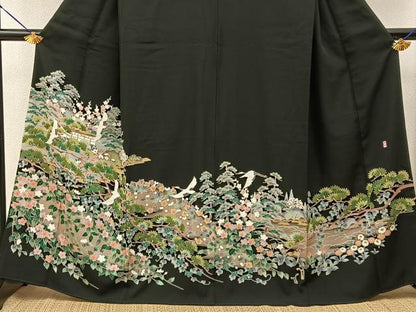 平和屋着物■豪華黒留袖　友禅　作家物　飛鶴風景文　正絹　逸品　BAAY6862hj