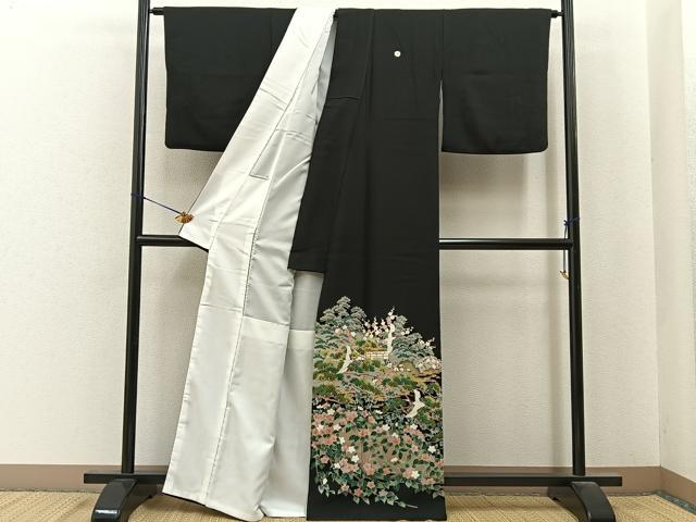 平和屋着物■豪華黒留袖　友禅　作家物　飛鶴風景文　正絹　逸品　BAAY6862hj