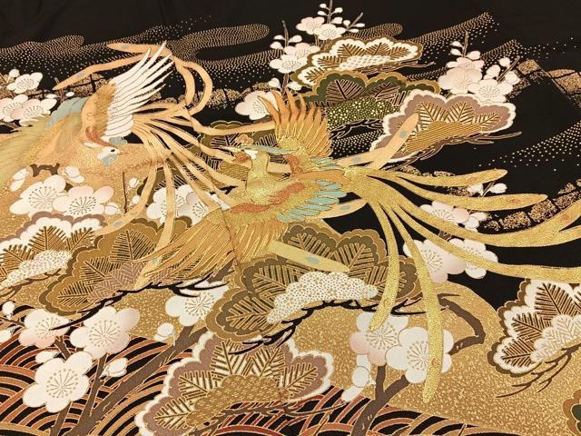 平和屋着物■豪華黒留袖　駒刺繍　鳳凰浜松文　金銀彩　正絹　逸品　BAAY6863hj