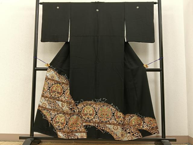 平和屋着物■豪華黒留袖　駒刺繍　向かい鳳凰花文　金銀彩　正絹　逸品　BAAY6869hj