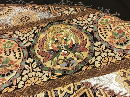 平和屋着物■豪華黒留袖　駒刺繍　向かい鳳凰花文　金銀彩　正絹　逸品　BAAY6869hj