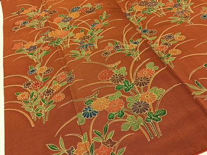 平和屋着物■訪問着　秋草文　金彩　鬼しぼ縮緬　正絹　逸品　BAAY6880hj