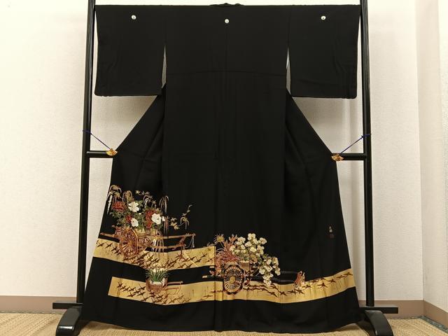 平和屋着物●松尾光琳　黒留袖　駒刺繍　飛鶴花車文　金彩　正絹　逸品　BAAY6891hj
