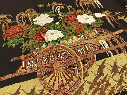 平和屋着物●松尾光琳　黒留袖　駒刺繍　飛鶴花車文　金彩　正絹　逸品　BAAY6891hj