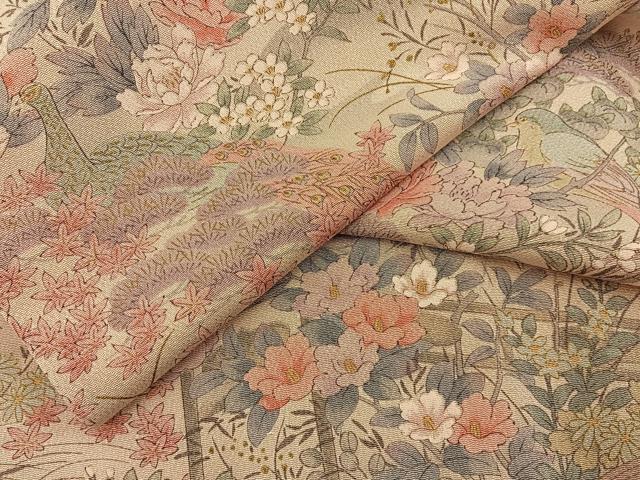 平和屋着物■上質な小紋　花鳥文　金彩　鬼しぼ縮緬　正絹　逸品　未使用　BAAY6894hj