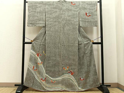 平和屋着物■訪問着　刺繍　舞蝶文　たたき染め　黒地　金銀彩　正絹　逸品　BAAY6895hj