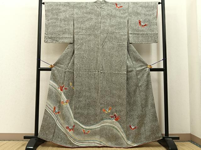 平和屋着物■訪問着　刺繍　舞蝶文　たたき染め　黒地　金銀彩　正絹　逸品　BAAY6895hj