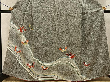 平和屋着物■訪問着　刺繍　舞蝶文　たたき染め　黒地　金銀彩　正絹　逸品　BAAY6895hj