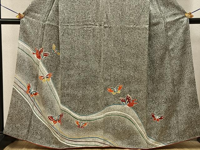 平和屋着物■訪問着　刺繍　舞蝶文　たたき染め　黒地　金銀彩　正絹　逸品　BAAY6895hj