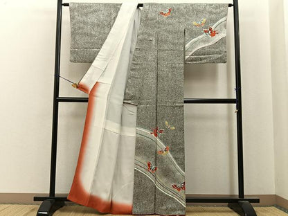 平和屋着物■訪問着　刺繍　舞蝶文　たたき染め　黒地　金銀彩　正絹　逸品　BAAY6895hj