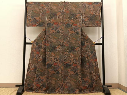 平和屋着物■上質な小紋　扇面草花文　金彩　鬼しぼ縮緬　ロング丈　正絹　逸品　BAAY6897hj