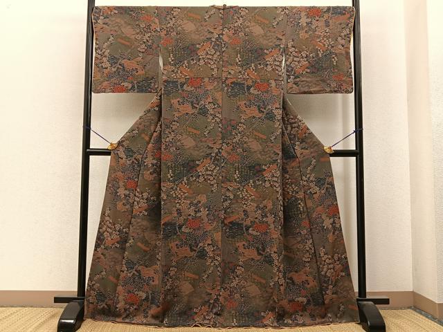 平和屋着物■上質な小紋　扇面草花文　金彩　鬼しぼ縮緬　ロング丈　正絹　逸品　BAAY6897hj
