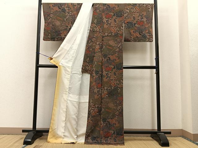 平和屋着物■上質な小紋　扇面草花文　金彩　鬼しぼ縮緬　ロング丈　正絹　逸品　BAAY6897hj