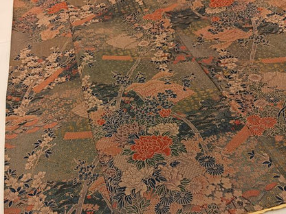 平和屋着物■上質な小紋　扇面草花文　金彩　鬼しぼ縮緬　ロング丈　正絹　逸品　BAAY6897hj