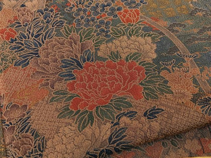 平和屋着物■上質な小紋　扇面草花文　金彩　鬼しぼ縮緬　ロング丈　正絹　逸品　BAAY6897hj
