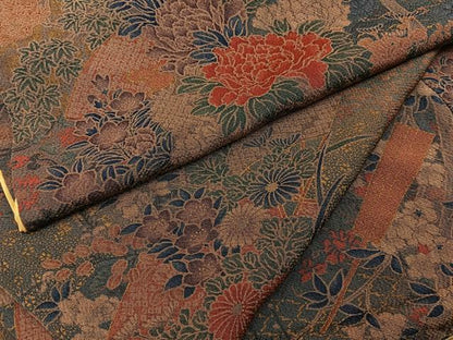 平和屋着物■上質な小紋　扇面草花文　金彩　鬼しぼ縮緬　ロング丈　正絹　逸品　BAAY6897hj