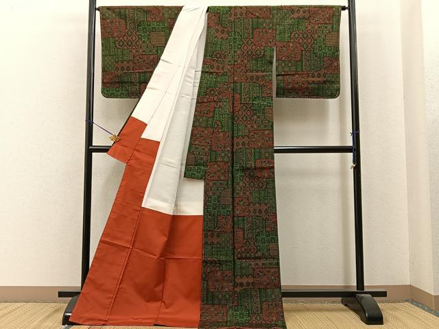 平和屋着物■上質な紬　更紗吉祥花文　ロング丈　正絹　逸品　未使用　BAAY6932hj