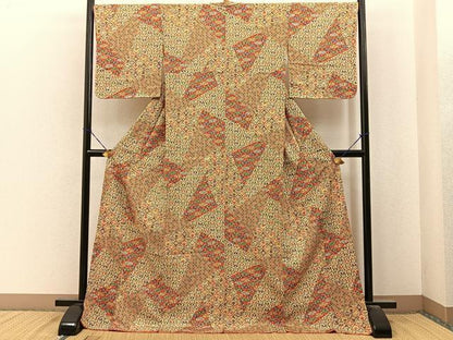 平和屋着物■上質な小紋　型染め　扇面吉祥花文　ロング丈　正絹　逸品　BAAY6933hj
