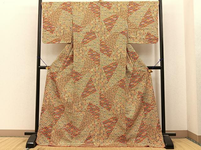 平和屋着物■上質な小紋　型染め　扇面吉祥花文　ロング丈　正絹　逸品　BAAY6933hj