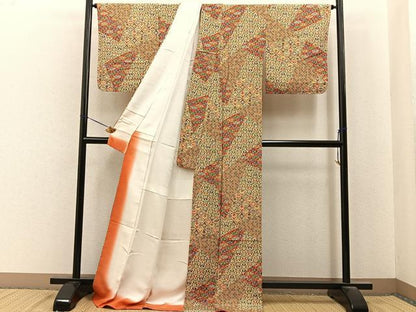 平和屋着物■上質な小紋　型染め　扇面吉祥花文　ロング丈　正絹　逸品　BAAY6933hj