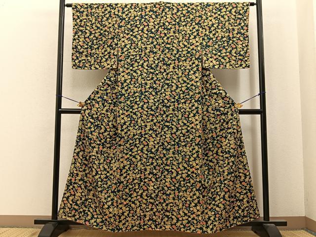 平和屋着物■上質な小紋　菊　濃紺地　正絹　逸品　BAAY6940hj