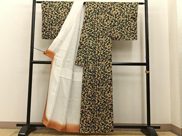 平和屋着物■上質な小紋　菊　濃紺地　正絹　逸品　BAAY6940hj