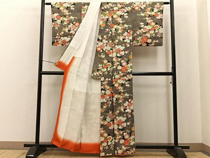 平和屋着物■上質な小紋　雲取菊花文　黒地　金彩　正絹　逸品　BAAY6941hj