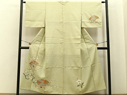 平和屋着物■訪問着　紬地　扇面枝梅文　金彩　正絹　逸品　BAAY6950hj