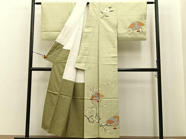 平和屋着物■訪問着　紬地　扇面枝梅文　金彩　正絹　逸品　BAAY6950hj