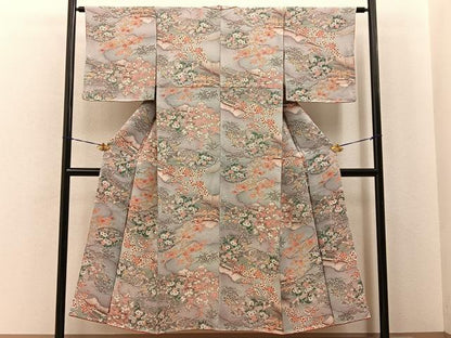 平和屋着物■上質な小紋　御所車秋草文　鬼しぼ縮緬　正絹　逸品　未使用　BAAY6960hj