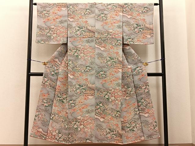 平和屋着物■上質な小紋　御所車秋草文　鬼しぼ縮緬　正絹　逸品　未使用　BAAY6960hj