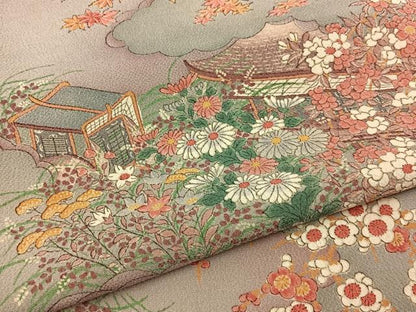 平和屋着物■上質な小紋　御所車秋草文　鬼しぼ縮緬　正絹　逸品　未使用　BAAY6960hj