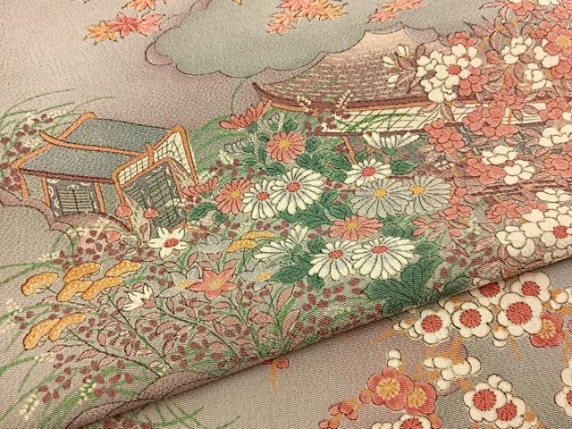 平和屋着物■上質な小紋　御所車秋草文　鬼しぼ縮緬　正絹　逸品　未使用　BAAY6960hj