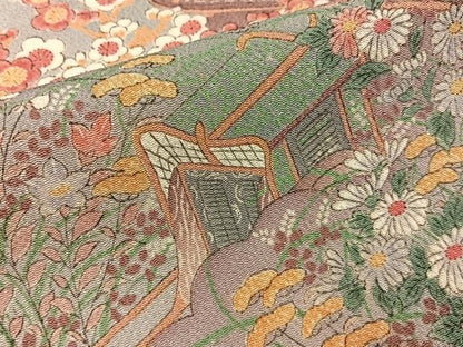 平和屋着物■上質な小紋　御所車秋草文　鬼しぼ縮緬　正絹　逸品　未使用　BAAY6960hj