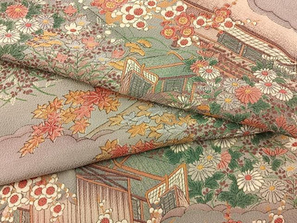 平和屋着物■上質な小紋　御所車秋草文　鬼しぼ縮緬　正絹　逸品　未使用　BAAY6960hj