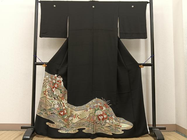 平和屋着物■豪華黒留袖　駒刺繍　松竹梅　花車文　金彩　正絹　逸品　BAAY6963hj