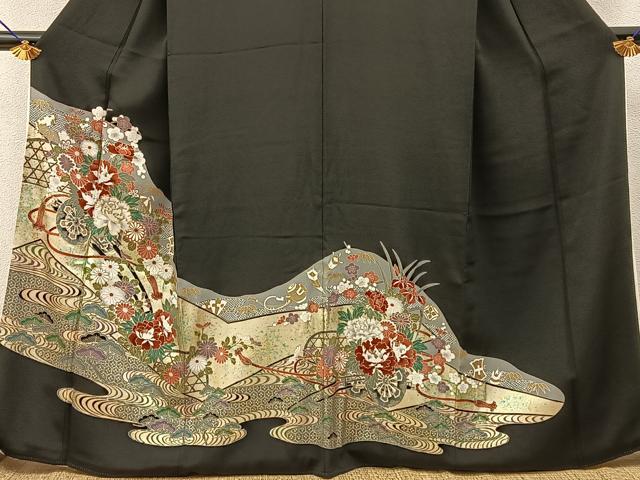 平和屋着物■豪華黒留袖　駒刺繍　松竹梅　花車文　金彩　正絹　逸品　BAAY6963hj