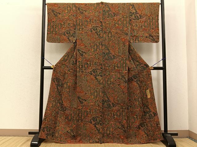 平和屋着物●更勝　小紋　源氏車花蝶文　鬼しぼ縮緬　正絹　逸品　未使用　BAAY6983hj
