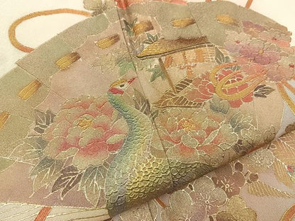 平和屋着物■豪華色留袖　檜扇孔雀花文　暈し染め　金彩　正絹　逸品　BAAY8043hj