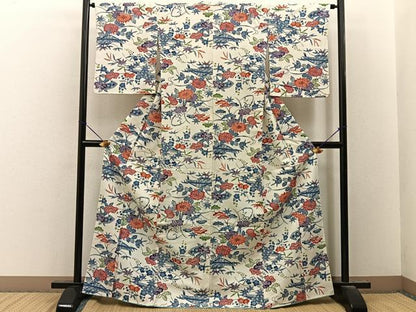 平和屋着物■上質な小紋　紬地　型染め　流水草花文　正絹　逸品　BAAY8068hj