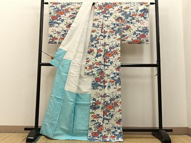 平和屋着物■上質な小紋　紬地　型染め　流水草花文　正絹　逸品　BAAY8068hj