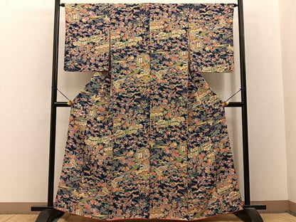 平和屋着物■上質な小紋　型染め　御所解花鳥文　濃紺地　正絹　逸品　BAAY8071hj
