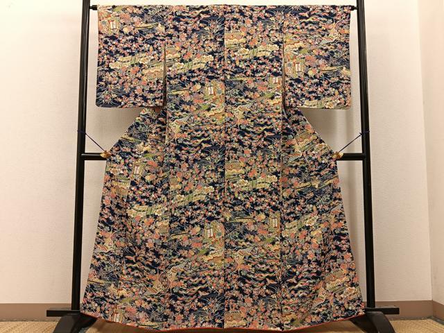 平和屋着物■上質な小紋　型染め　御所解花鳥文　濃紺地　正絹　逸品　BAAY8071hj