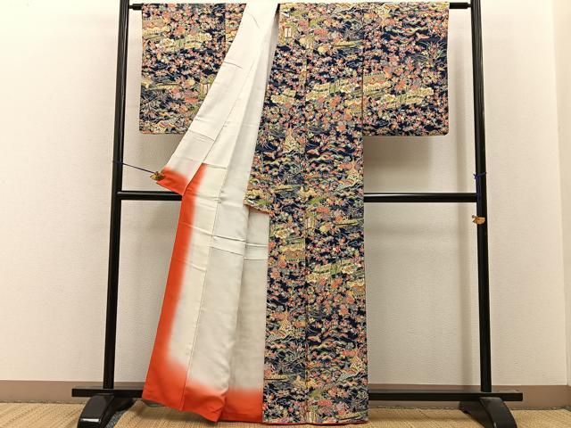 平和屋着物■上質な小紋　型染め　御所解花鳥文　濃紺地　正絹　逸品　BAAY8071hj