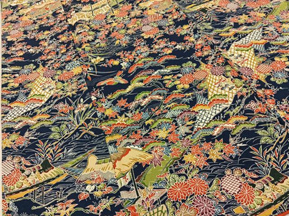 平和屋着物■上質な小紋　型染め　御所解花鳥文　濃紺地　正絹　逸品　BAAY8071hj