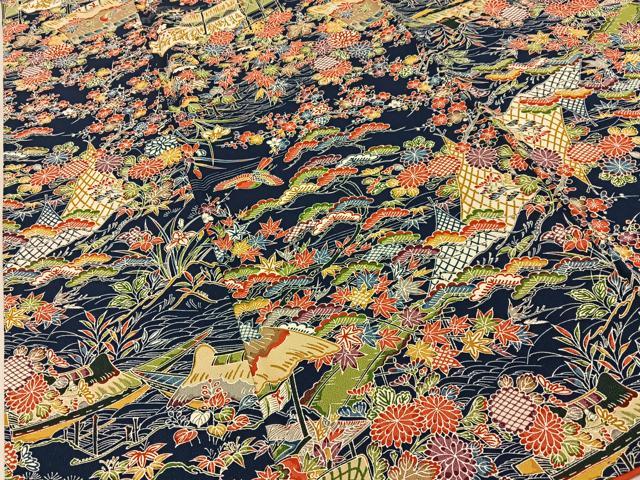 平和屋着物■上質な小紋　型染め　御所解花鳥文　濃紺地　正絹　逸品　BAAY8071hj