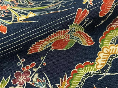 平和屋着物■上質な小紋　型染め　御所解花鳥文　濃紺地　正絹　逸品　BAAY8071hj
